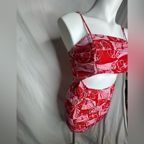 Red Pink Butterfly Ruched Cutout Bodycon Mini Dress Size Medium - Picture 3 of 6